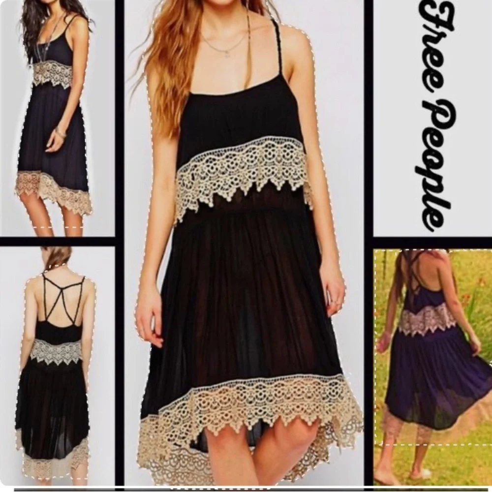 Free People Intimately Womens Sz XSmall Star Slip Crochet Black Boho Dress - Picture 1 of 16